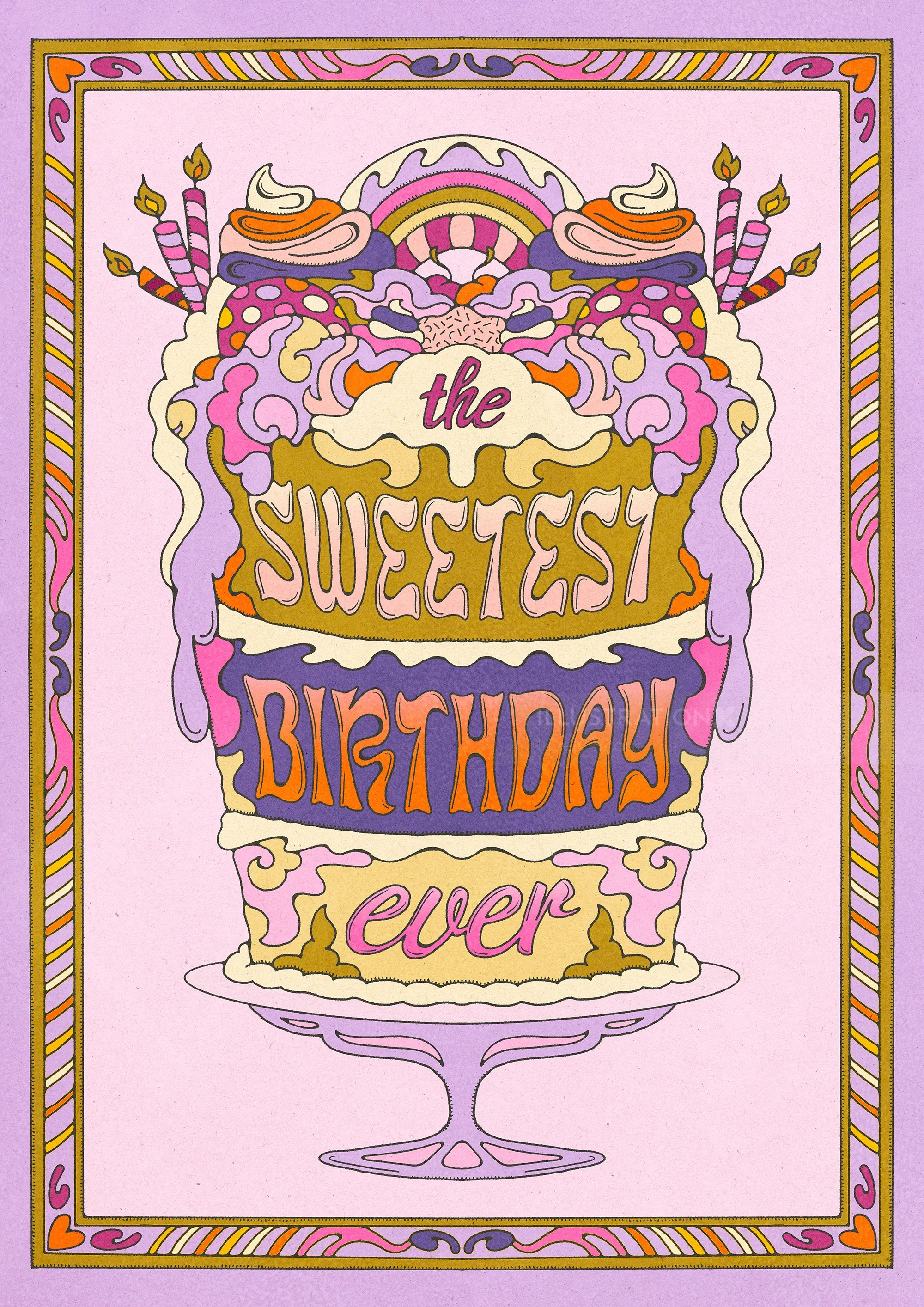 Illustrated birthday cake with candles and colorful text 'the sweetest birthday ever'