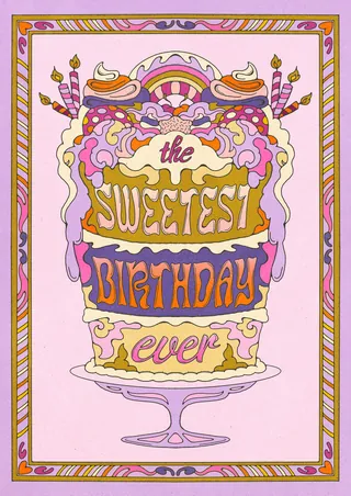Illustrated birthday cake with candles and colorful text 'the sweetest birthday ever'