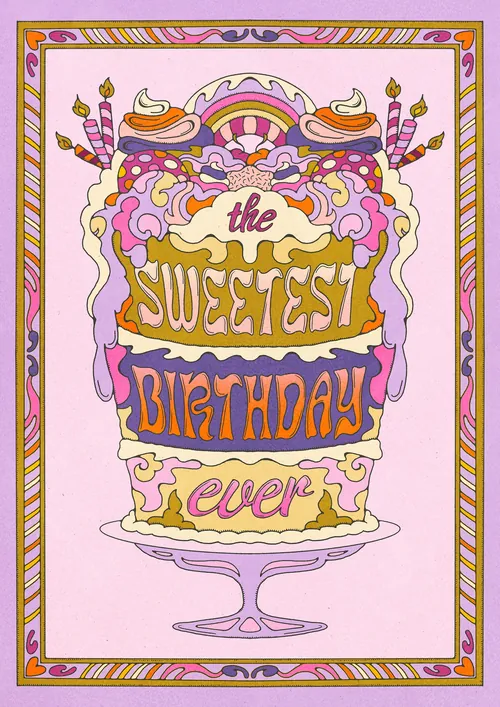 Illustrated birthday cake with candles and colorful text 'the sweetest birthday ever'