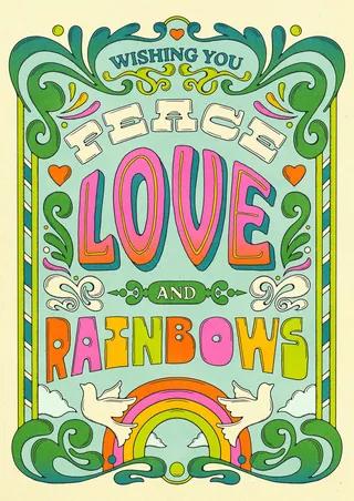 Vintage poster with peace, love, and rainbows text and decorative elements