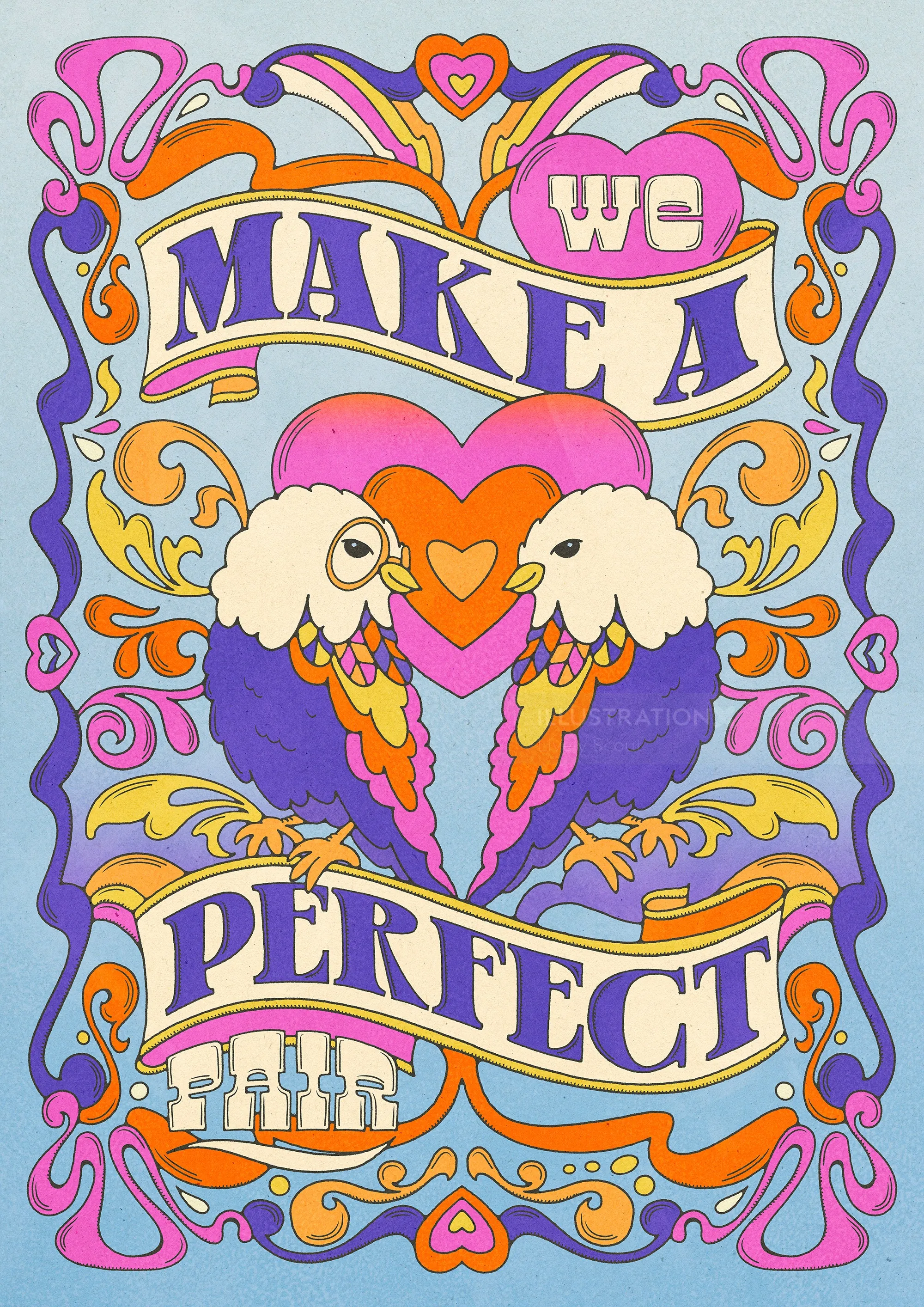 Psychedelic art with two colorful birds and 'We Make A Perfect' text