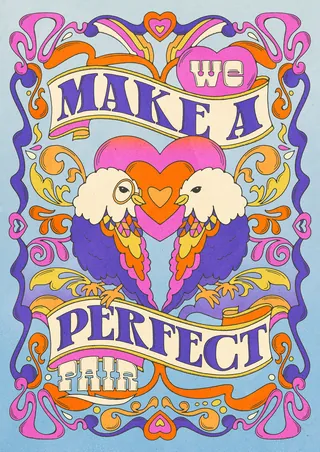 Psychedelic art with two colorful birds and 'We Make A Perfect' text