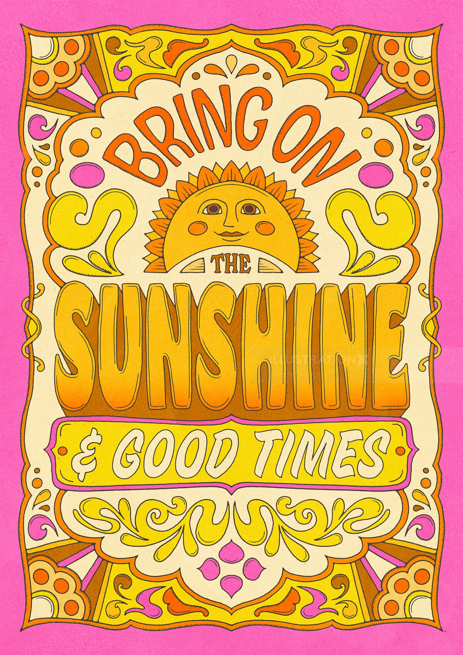 Vintage sun illustration with text Bring on the sunshine and good times