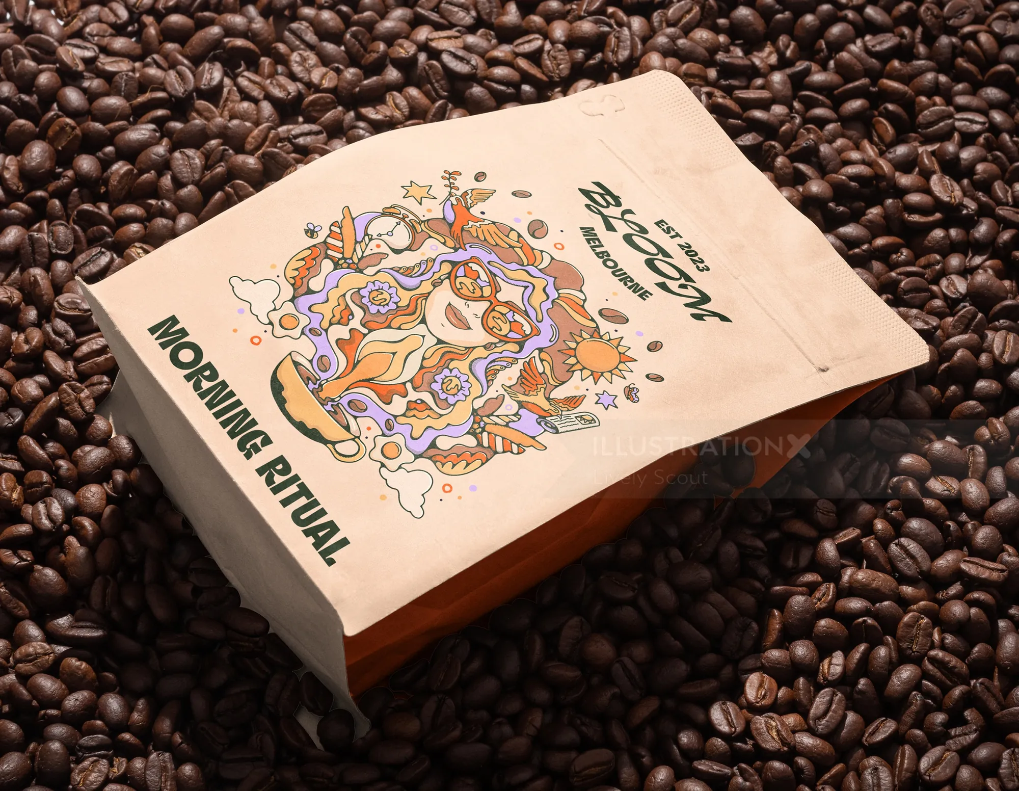 Morning Ritual coffee bag on a bed of coffee beans