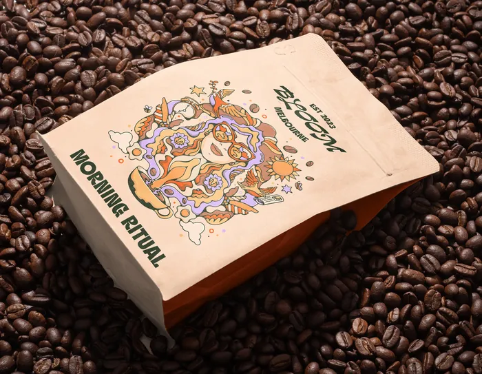 Morning Ritual coffee bag on a bed of coffee beans