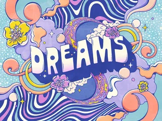 Psychedelic art with word DREAMS surrounded by colorful swirls and flowers.