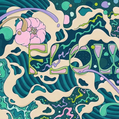 Colorful abstract psychedelic design with flowers and swirling shapes.