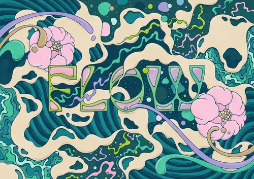 Colorful abstract psychedelic design with flowers and swirling shapes.