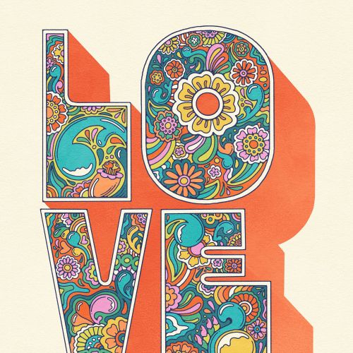 Decorative letters forming the word LOVE with floral patterns