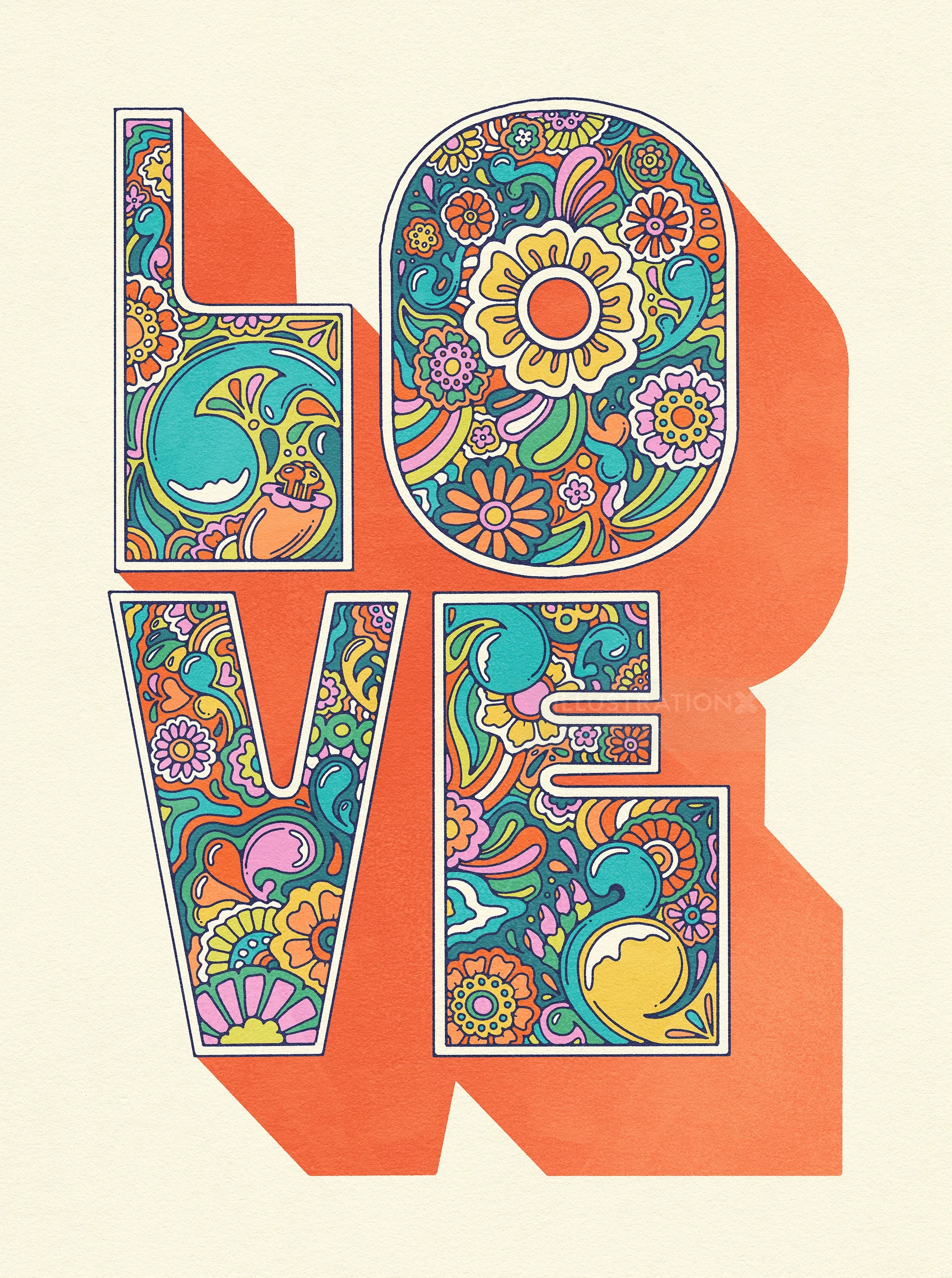 Decorative letters forming the word LOVE with floral patterns
