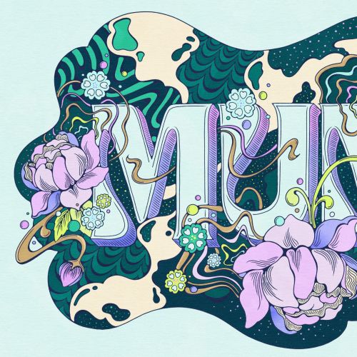 Decorative illustration of the word MUM surrounded by purple flowers