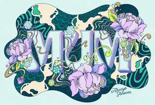 Decorative illustration of the word MUM surrounded by purple flowers