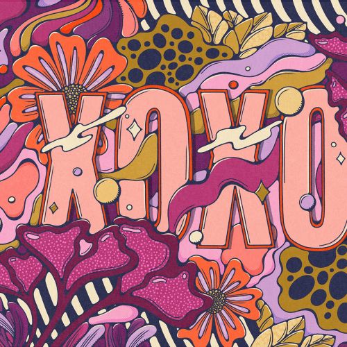 Vibrant psychedelic floral design with large KXO letters in pink hues