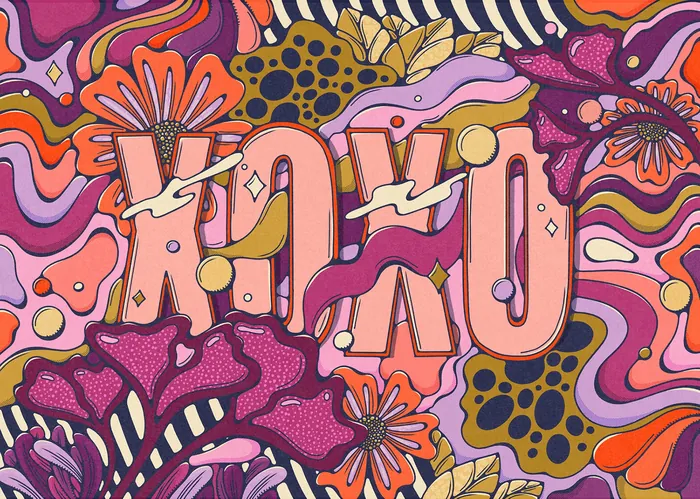 Vibrant psychedelic floral design with large KXO letters in pink hues