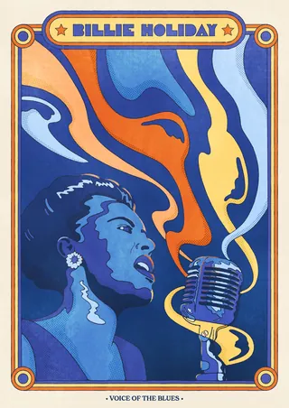 Colourful portrait of Billie Holiday singing with microphone, by Lively Scout
