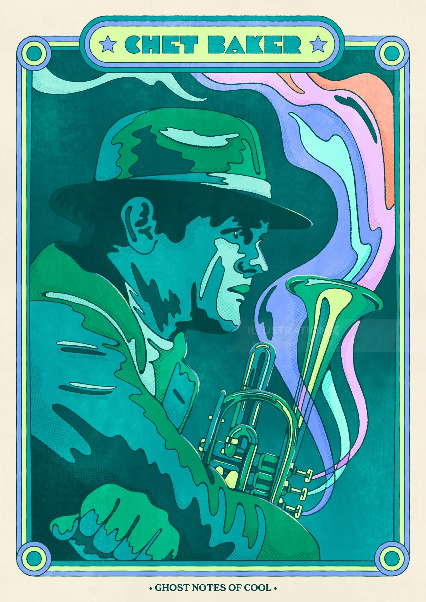 Colorful portrait of Chet Baker playing trumpet by Lively Scout