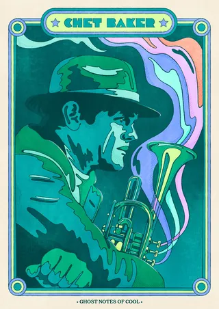 Colorful portrait of Chet Baker playing trumpet by Lively Scout
