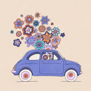Blue Fiat car with colorful floating flowers by Lively Scout