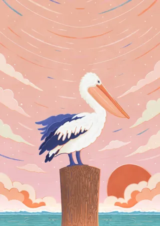 Illustration of a pelican on a post with sunrise and swirling sky by Lively Scout