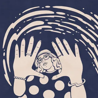 Abstract portrait of woman with glasses and raised hands by Lively Scout