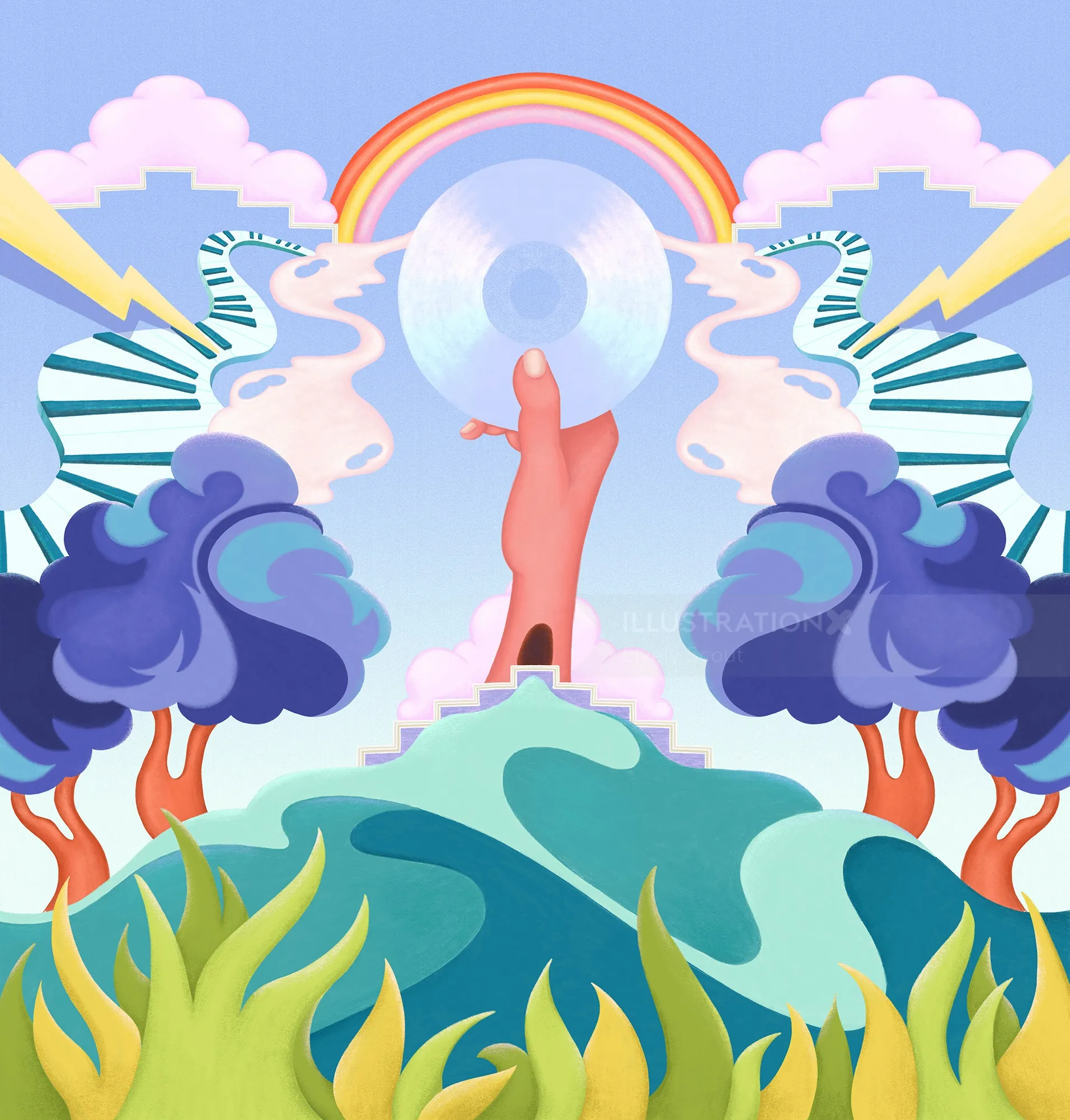 Surreal image of hand holding CD with rainbow and zebras by Lively Scout