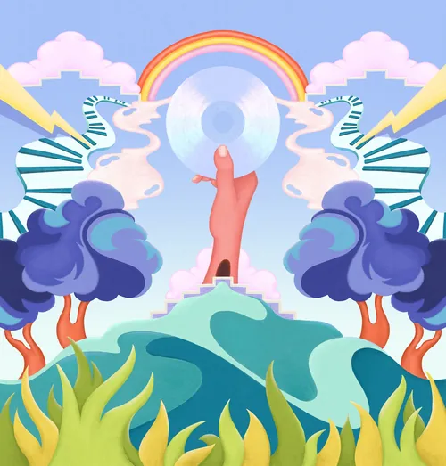 Surreal image of hand holding CD with rainbow and zebras by Lively Scout