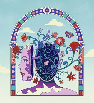 Surreal illustration of a head with flowers and vines growing inside by Lively Scout