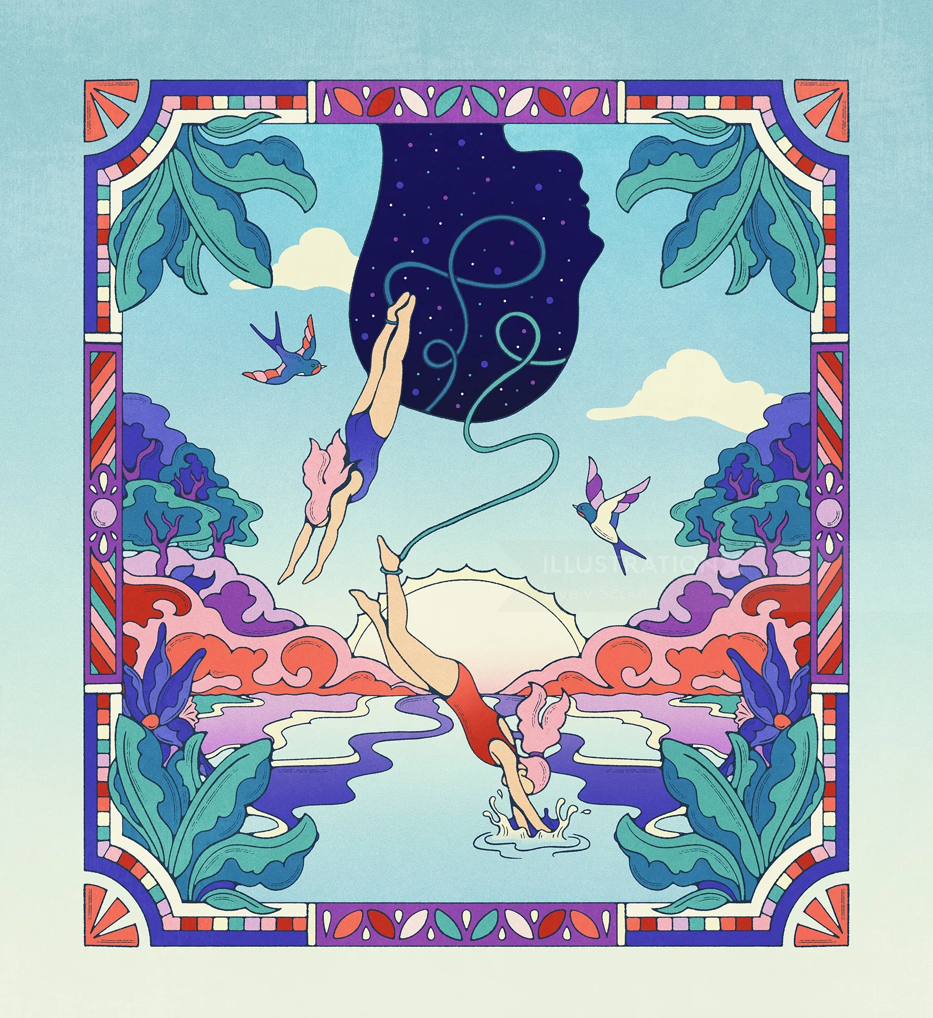 Two women diving from head into a colorful natural landscape by Lively Scout