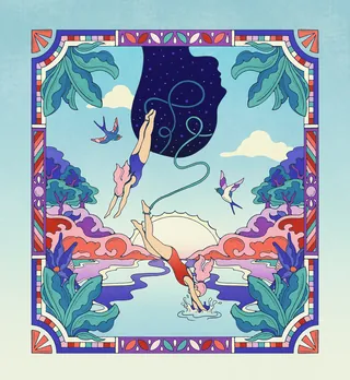 Two women diving from head into a colorful natural landscape by Lively Scout