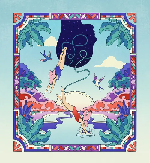 Two women diving from head into a colorful natural landscape by Lively Scout