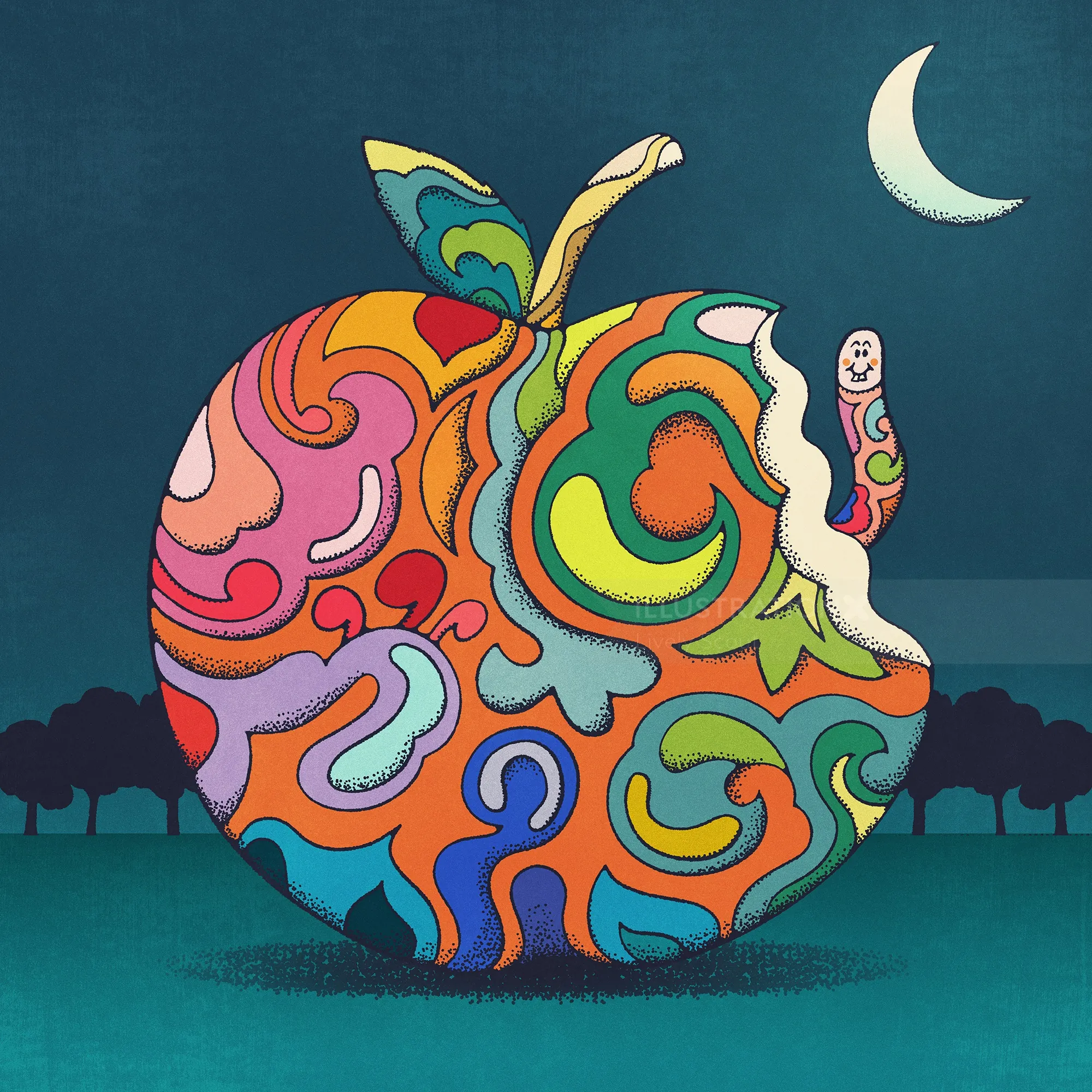 Psychedelic apple with vibrant patterns and smiling worm by Lively Scout