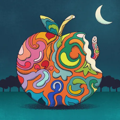 Psychedelic apple with vibrant patterns and smiling worm by Lively Scout
