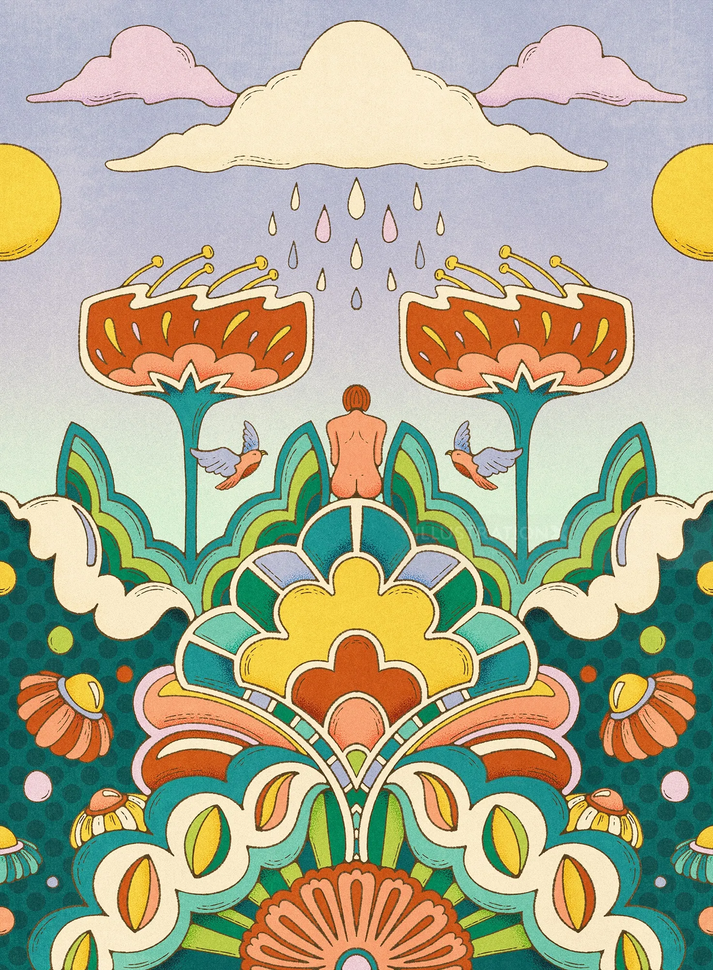 Folk art nature scene with person, flowers, and sun by Lively Scout