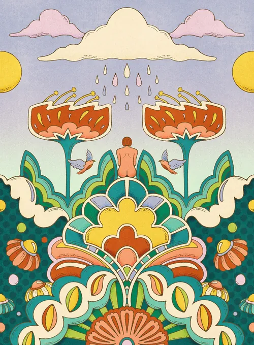Folk art nature scene with person, flowers, and sun by Lively Scout
