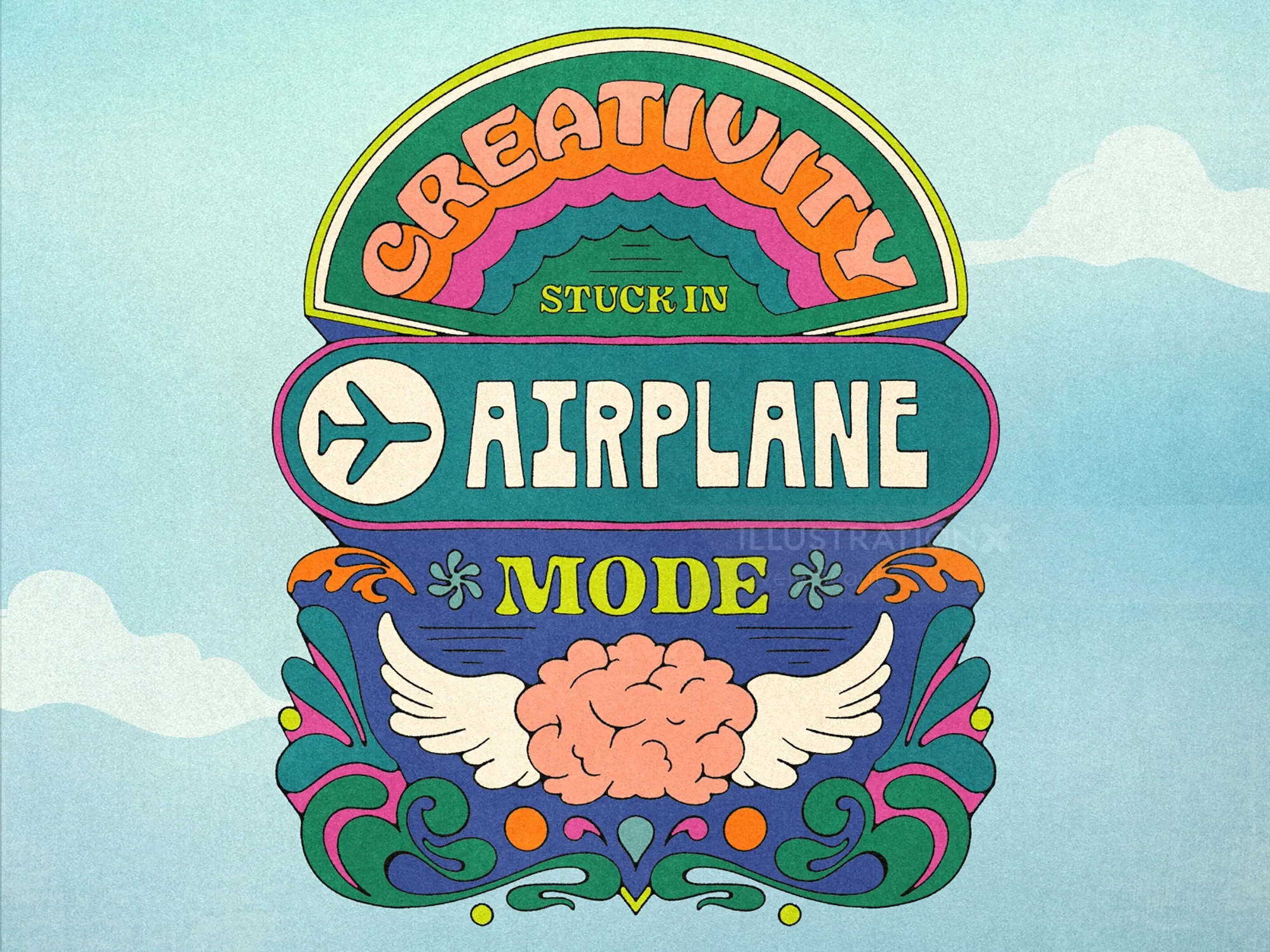Whimsical hand lettering with brain and airplane theme by Lively Scout