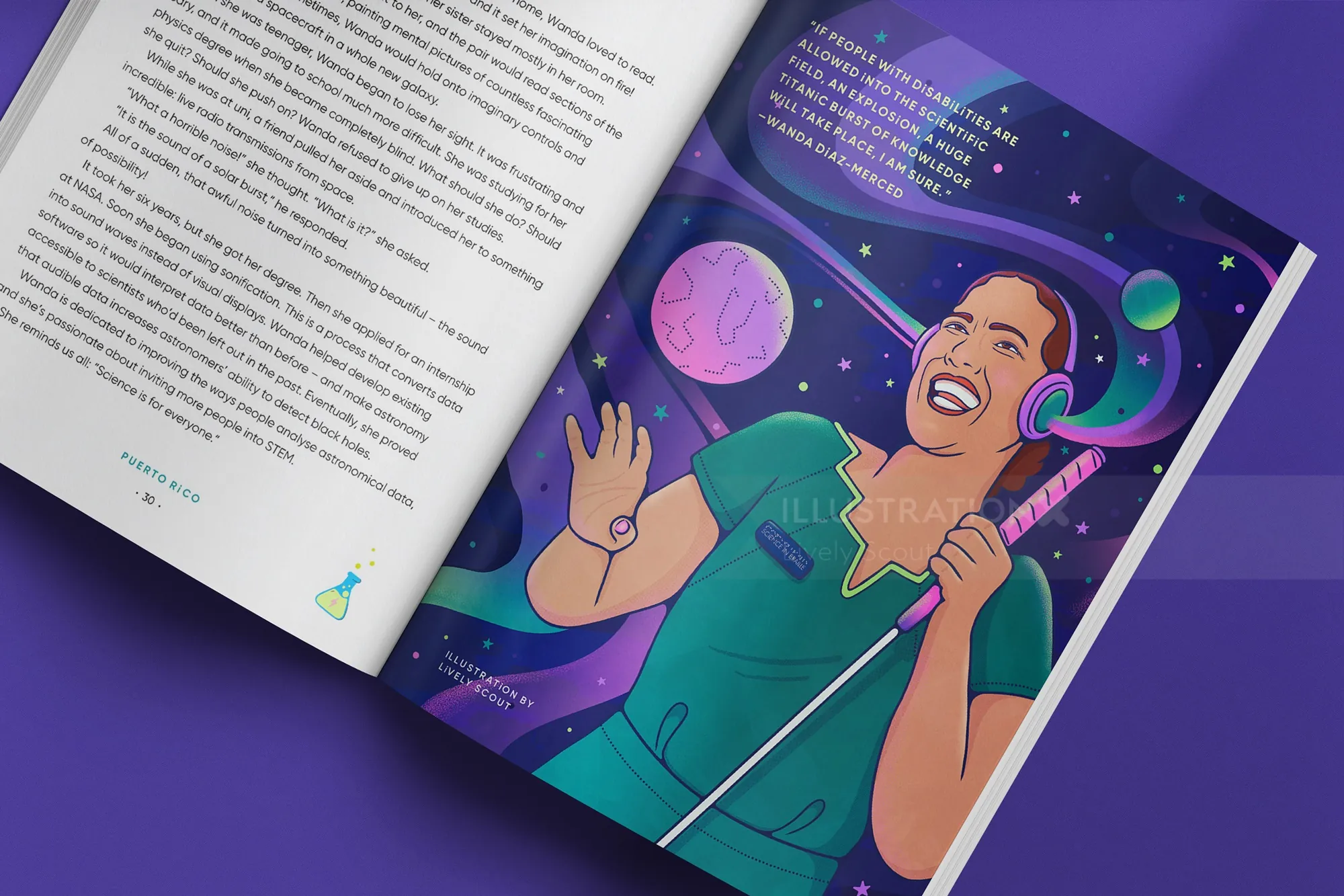 Illustration of Wanda Diaz-Merced with space background by Lively Scout