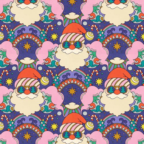 Colorful groovy Santa faces in repeating festive pattern by Lively Scout
