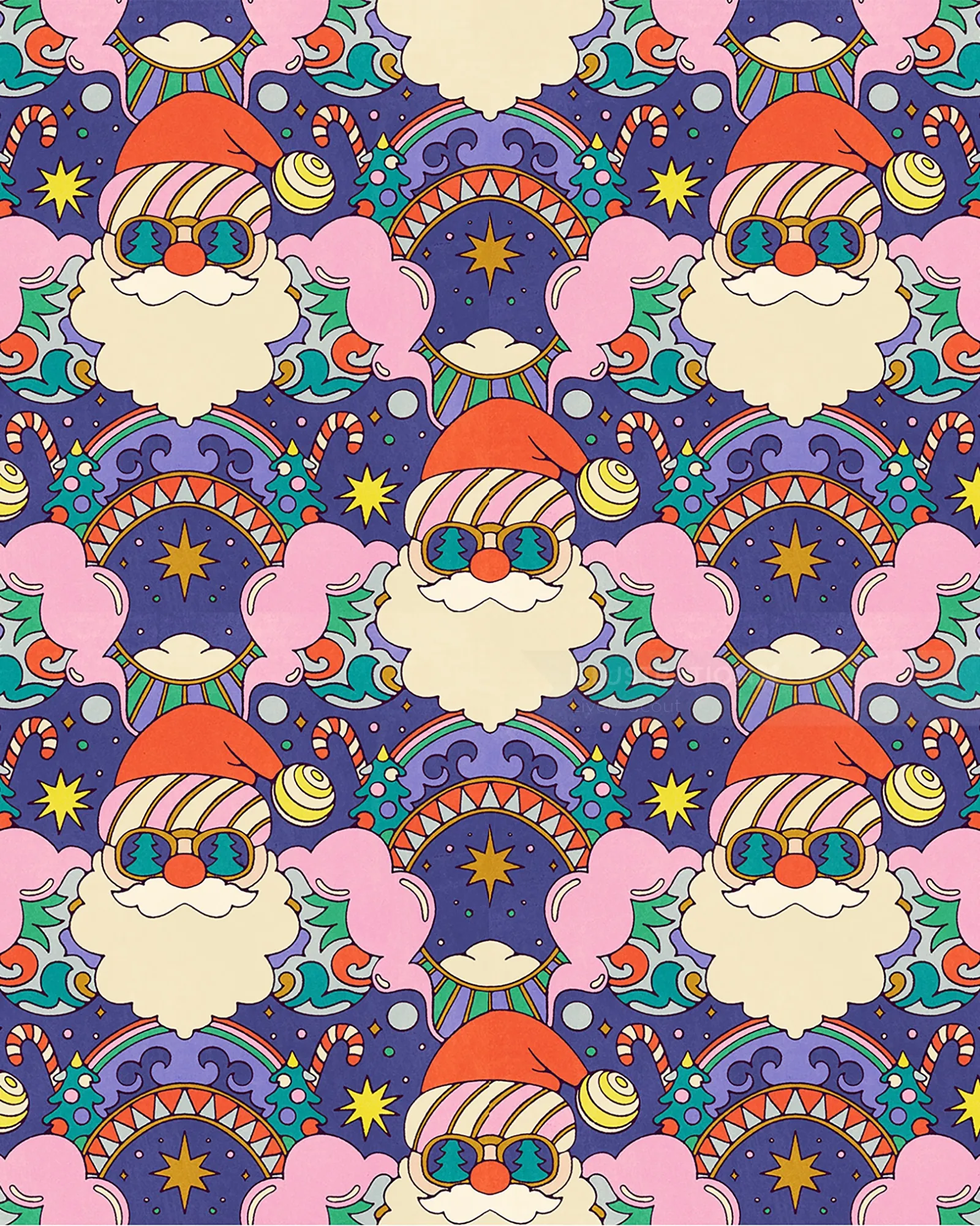 Colorful groovy Santa faces in repeating festive pattern by Lively Scout