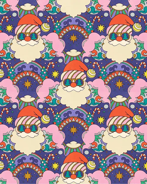 Colorful groovy Santa faces in repeating festive pattern by Lively Scout