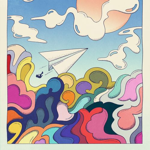 Illustration of paper plane flying above colorful abstract clouds by Lively Scout