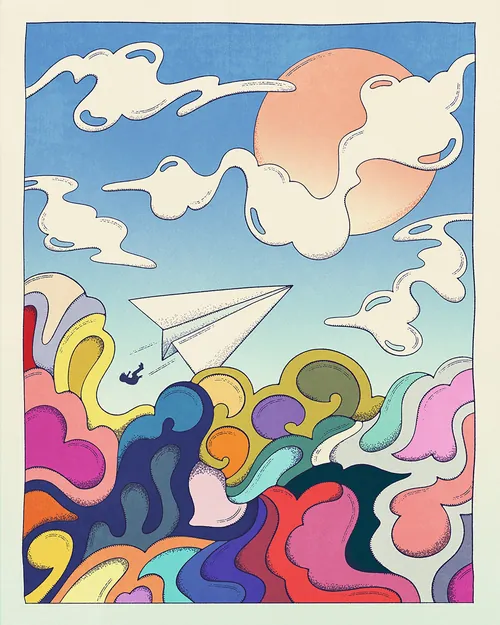 Illustration of paper plane flying above colorful abstract clouds by Lively Scout