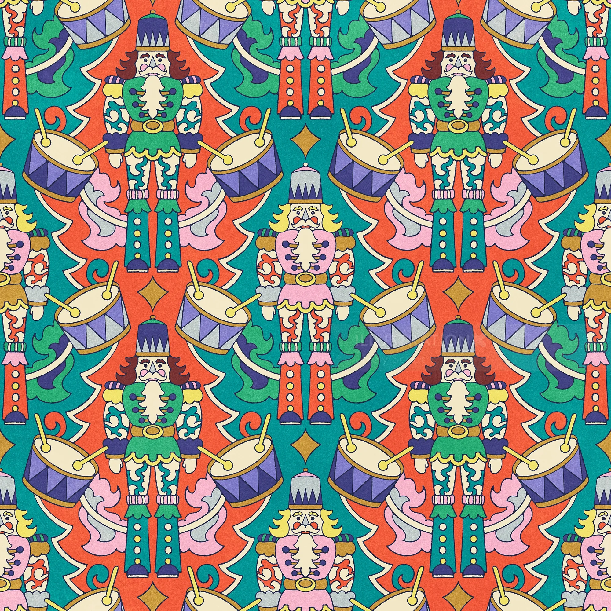 Colorful repeating nutcracker pattern with drums and decorative elements by Lively Scout