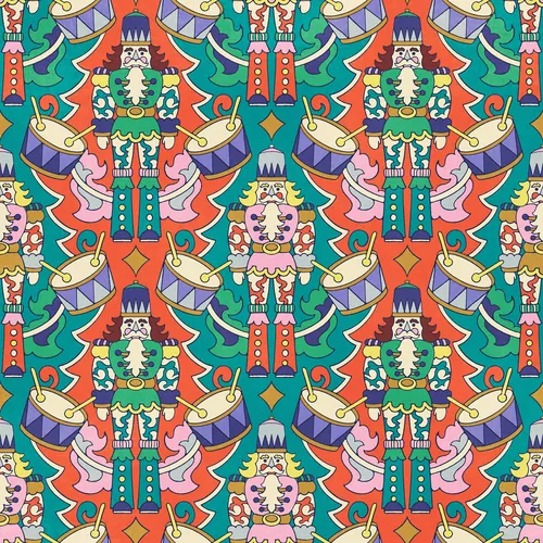 Colorful repeating nutcracker pattern with drums and decorative elements by Lively Scout