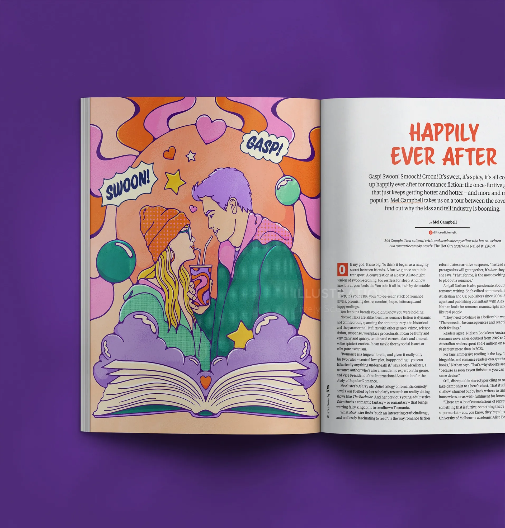 Romance fiction book illustration with couple and hearts by Lively Scout