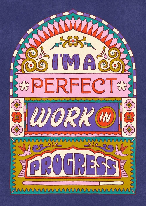 Hand-lettered affirmation reading I'm a perfect work in progress by Lively Scout