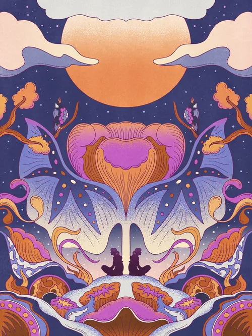 Psychedelic floral sunset landscape by Lively Scout with two silhouetted figures