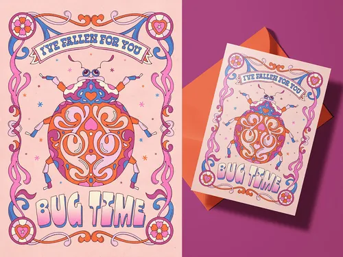 Love bug greeting card by Lively Scout with colorful retro floral artwork