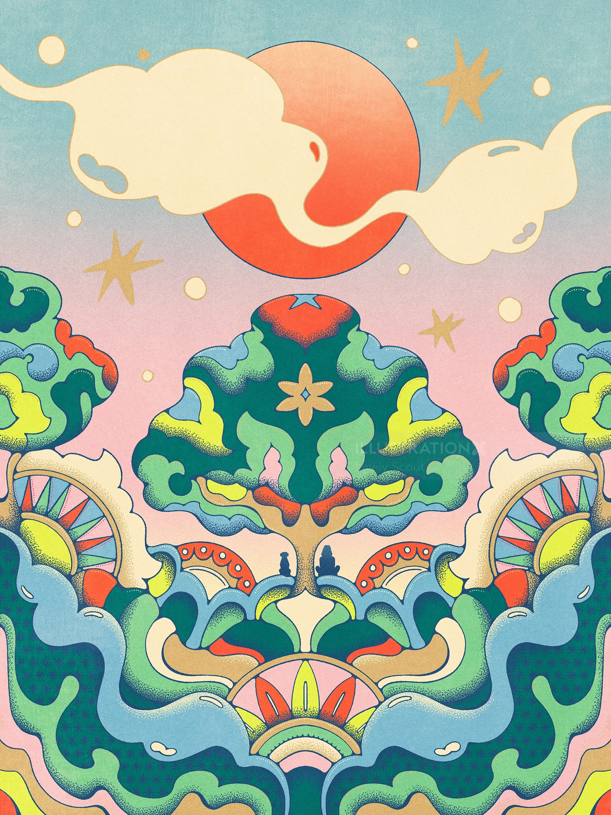 Nature-inspired landscape artwork by Lively Scout with swirling clouds, waves, and colorful plants