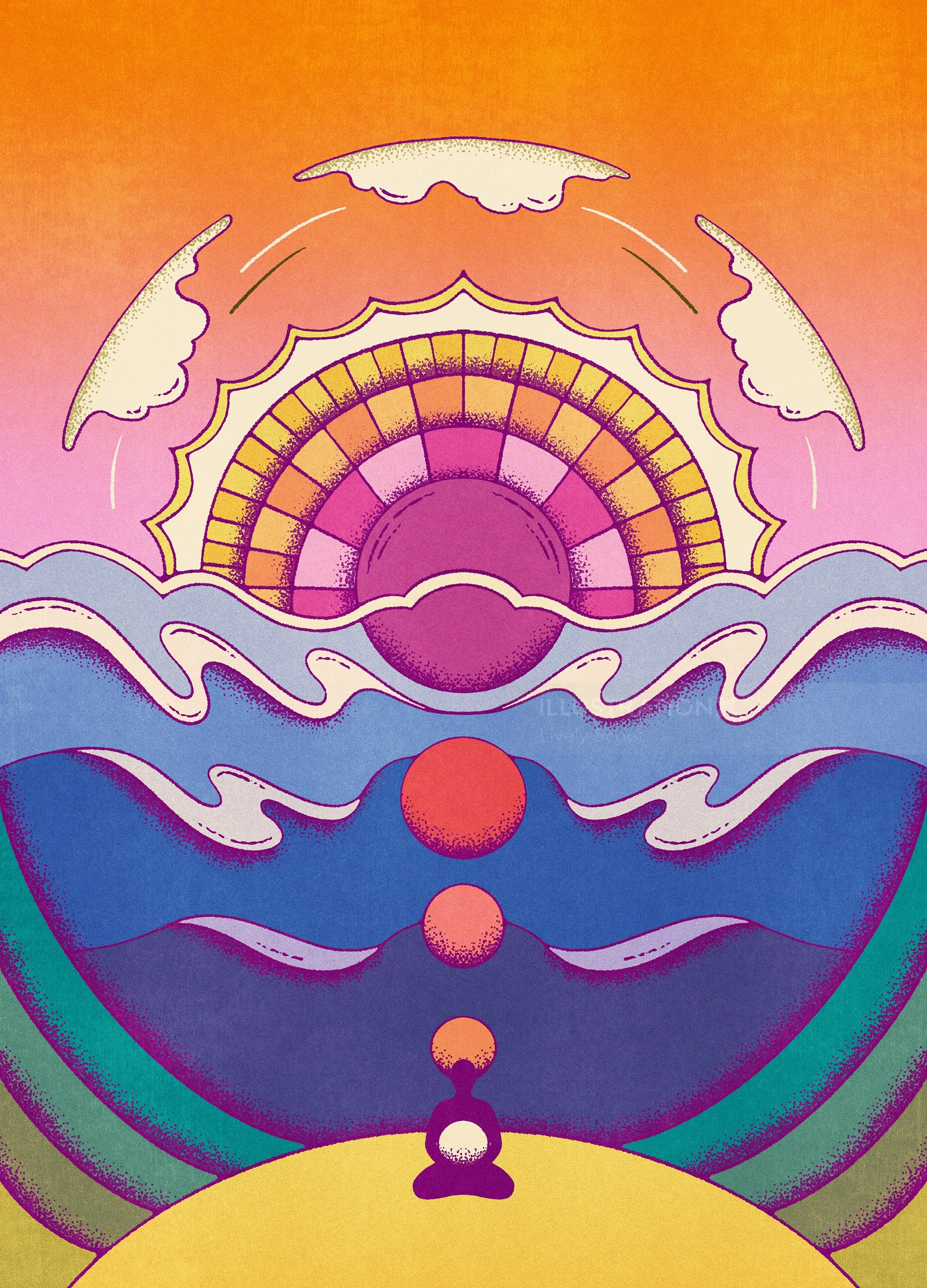 Lively Scout meditation artwork with rainbow, waves, and seated figure