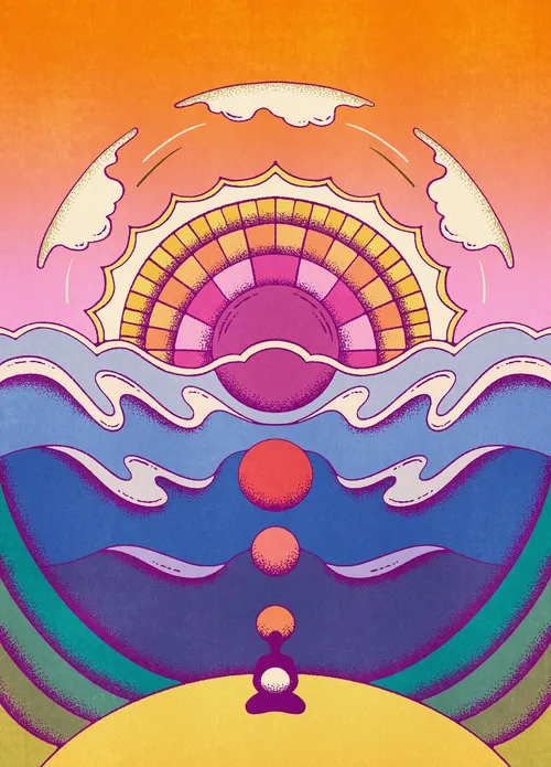 Lively Scout meditation artwork with rainbow, waves, and seated figure